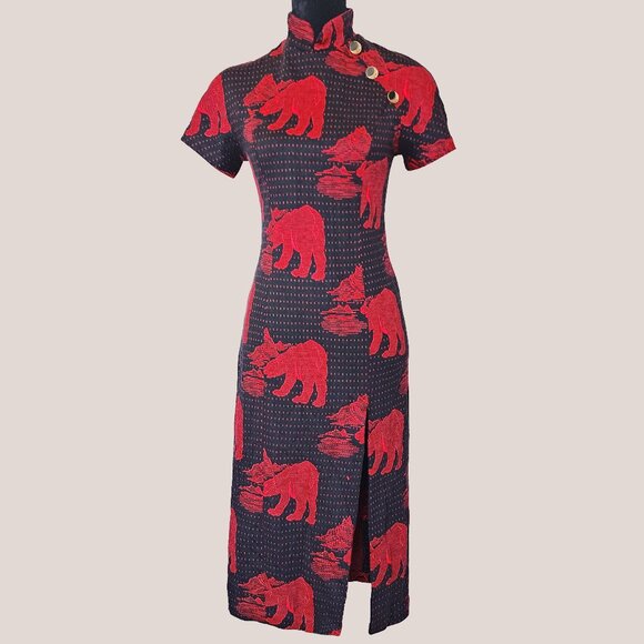 Vintage Handmade Asian-Inspired Dress Red & Black Bear Print Front Leg Slit - Picture 1 of 7